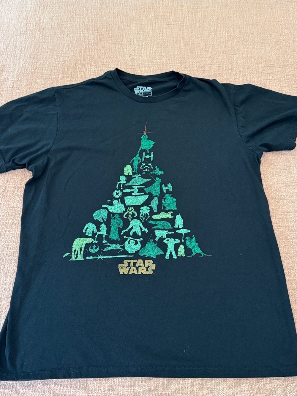Star Wars men’s Black Tee with Green Holiday Pyramid Graphic